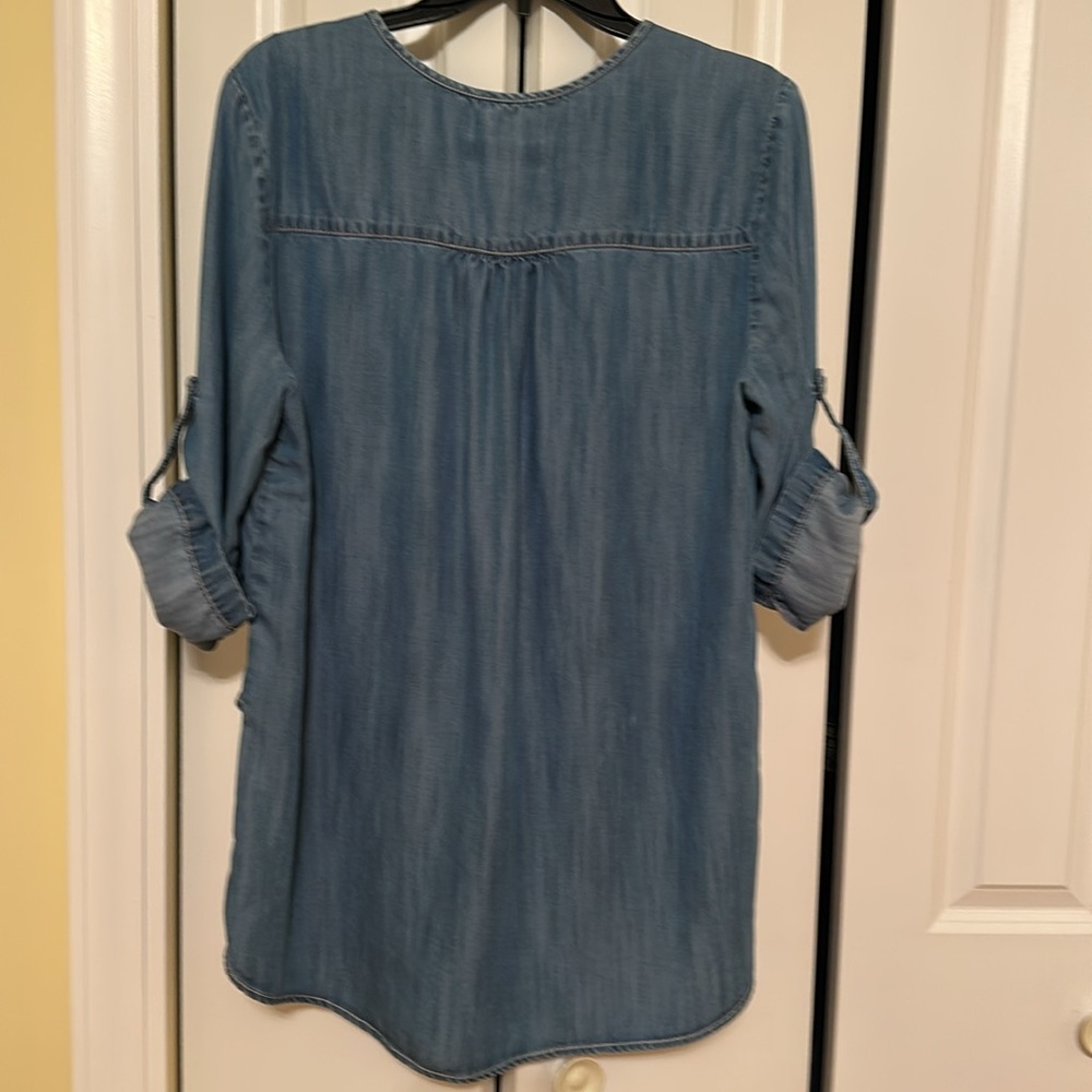 Karen Kane Blue Chambray Tunic Top L Asymmetrical High Low Made in USA - Picture 6 of 6